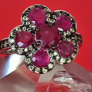 925 Sterling Silver Ring Sz 6.5 with Natural Round Ruby 6mm & Sapphire Gemstones